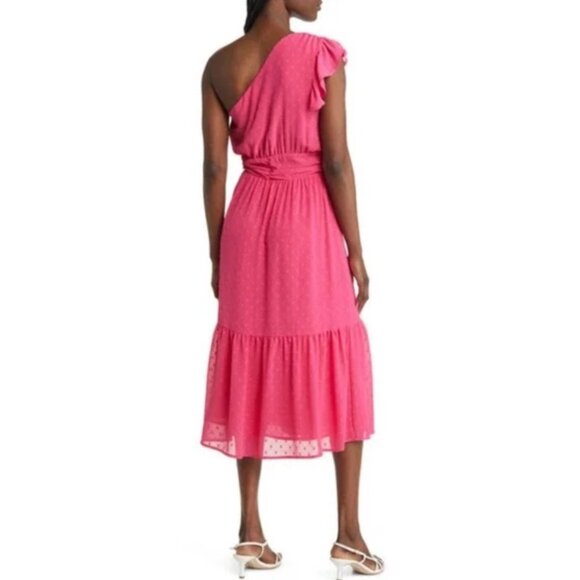 NWT Women's CHELSEA 28 Swiss Dot One-Shoulder Midi Dress "Pink Rouge" |‎ Size M - Picture 3 of 14